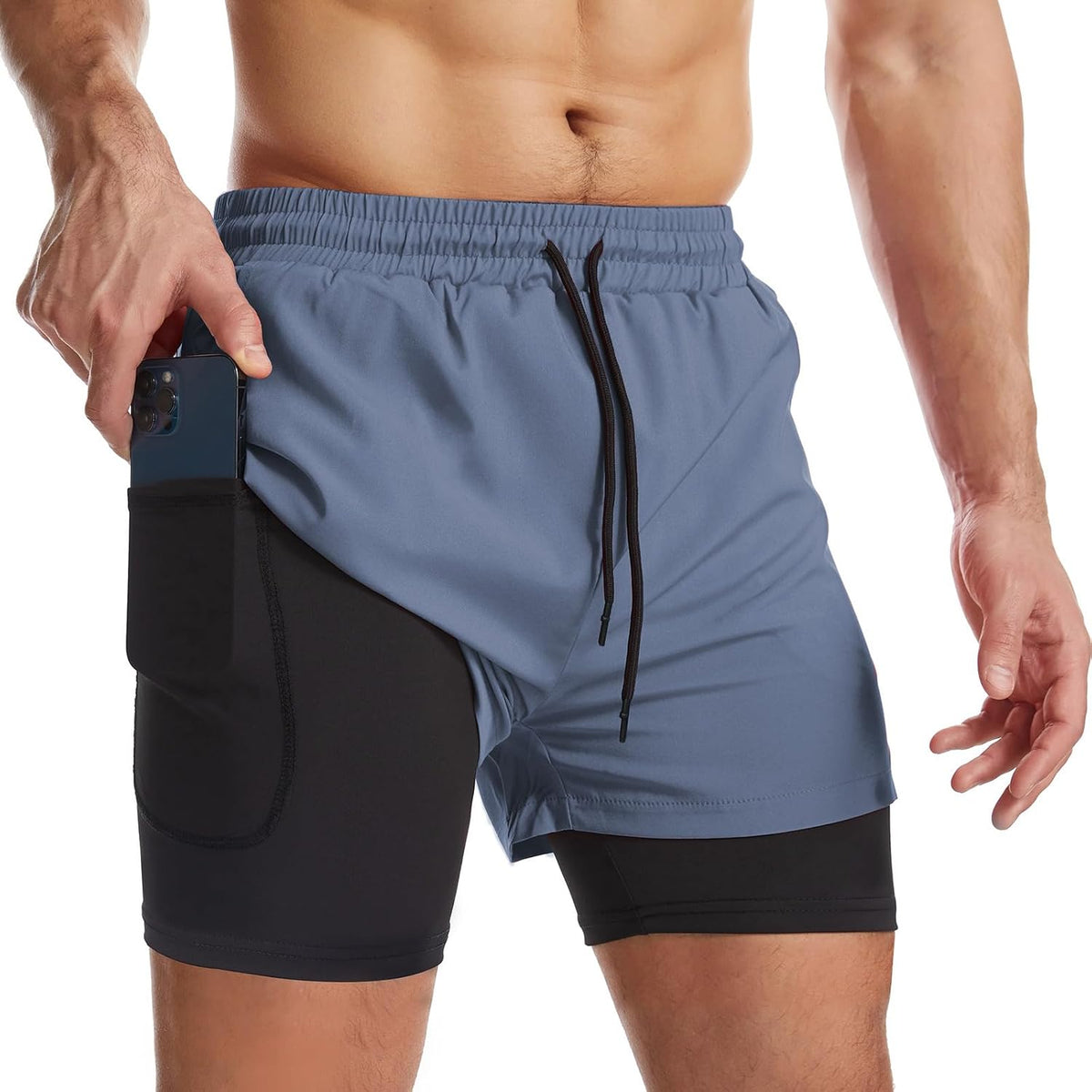 Mens 2 in 1 Running Shorts Workout Gym Athletic Shorts with Liner