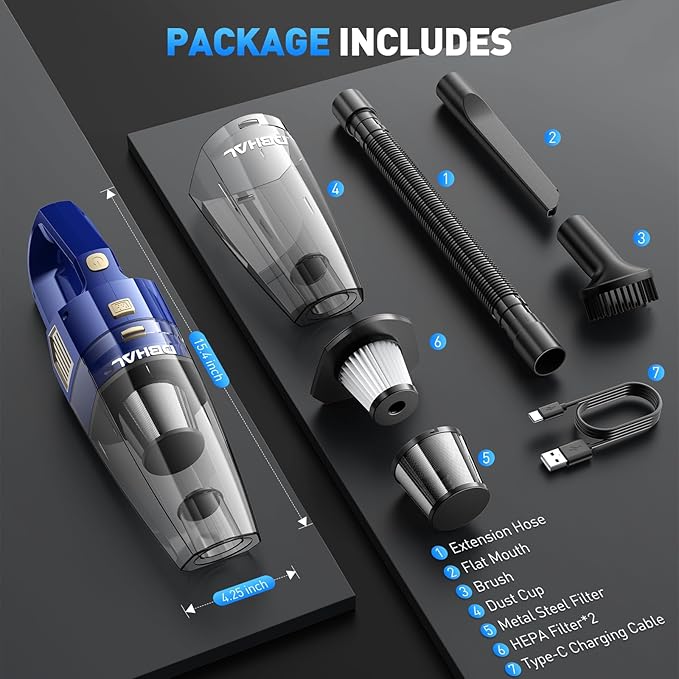 Handheld Vacuum Cordless, 15000PA Powerful Suction Car Vacuum Cleaner Lightweight with Multi Accessories, Hand held Vacuum Cleaner Dust Busters Cordless Rechargeable for Car Home