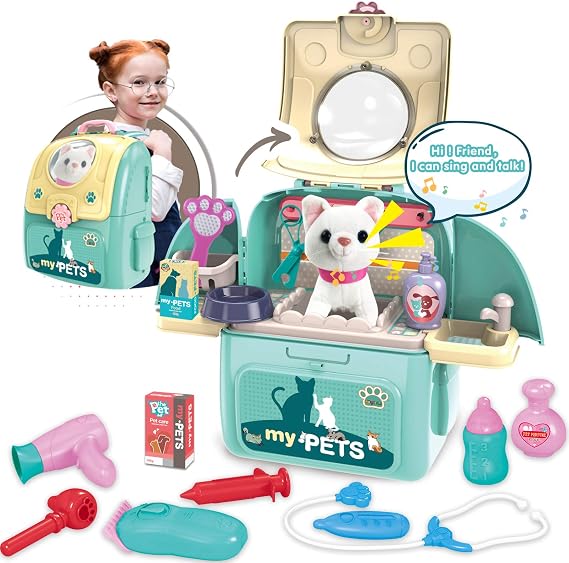 Pet Cat Carrier Backpack Toy, MAGIC4U 23PCS Pet Care Playset,Vet Clinic and Doctor Kit for Kids, Pet Veterinarian Medica