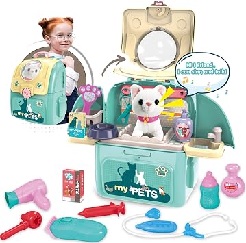 Pet Cat Carrier Backpack Toy, MAGIC4U 23PCS Pet Care Playset,Vet Clinic and Doctor Kit for Kids, Pet Veterinarian Medica