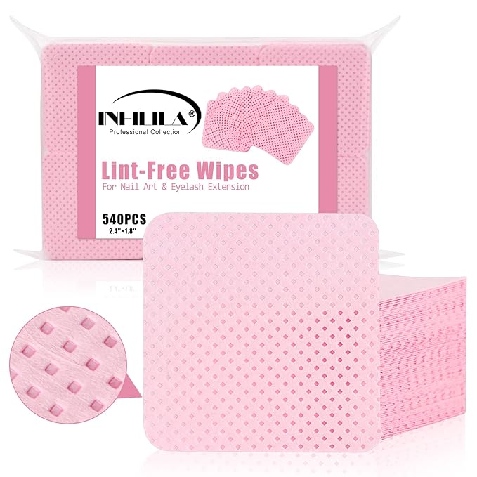 NXJ INFILILA Lint Free Nail Wipes, 540PCS Non-Woven Fabric Dry Nail Prep Wipes, Absorbent Acetone Nail Polish Remover Lash Extensions Glue Nail Cleaning Pads for Salon Supplies(Pink)
