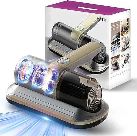 PATO Mattress Vacuum Cleaner, Wireless Handheld Bed Vacuum Cleaner with UV-C Light, HEPA Filter and Ultrasonic Vibration, 12KPa, Suitable for Beds, Sofas, Car Seats, Carpets (Golden) - Cleanova