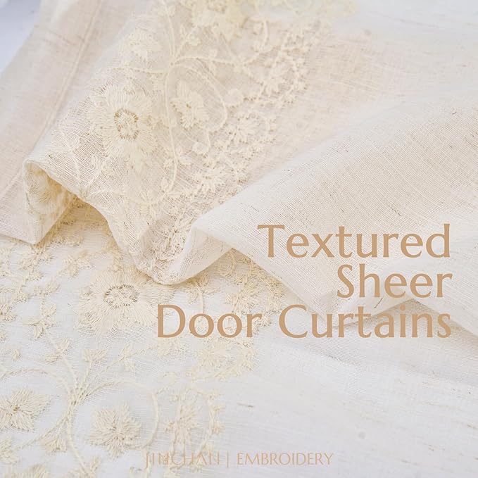 jinchan French Sheer Volie Door Curtain Embroidered Farmhouse Linen Curtain for Patio Door with Tie up Bows Light Filtering for Door Window Closet Rod Pocket 40 Inches 1 Panel Crude on Beige
