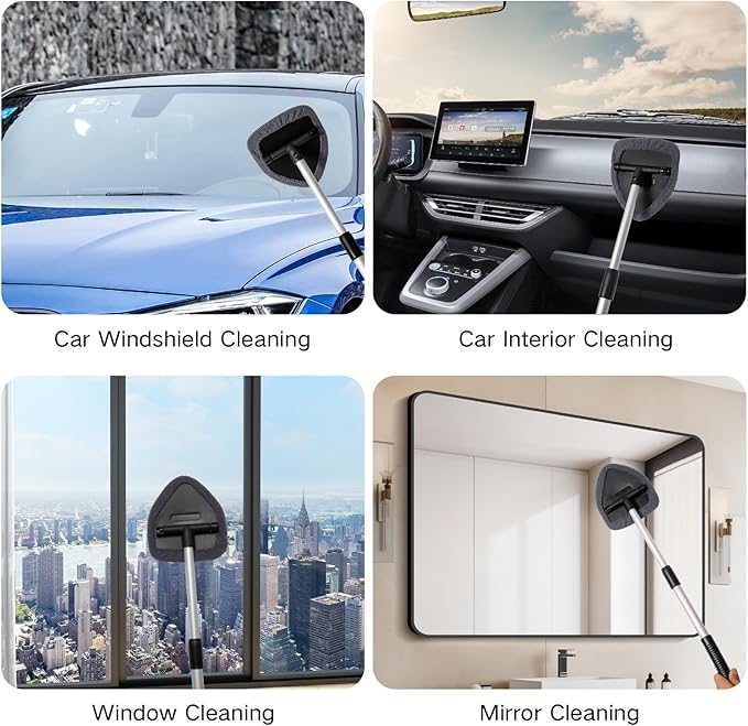 Qydipclin 11pcs Windshield Cleaner Tool, Car Window Cleaning Wash Kit with 6 Reusable Microfiber Pads 2 Spray Bottles and Extendable Handles Auto Glass Wiper Kit, Gray