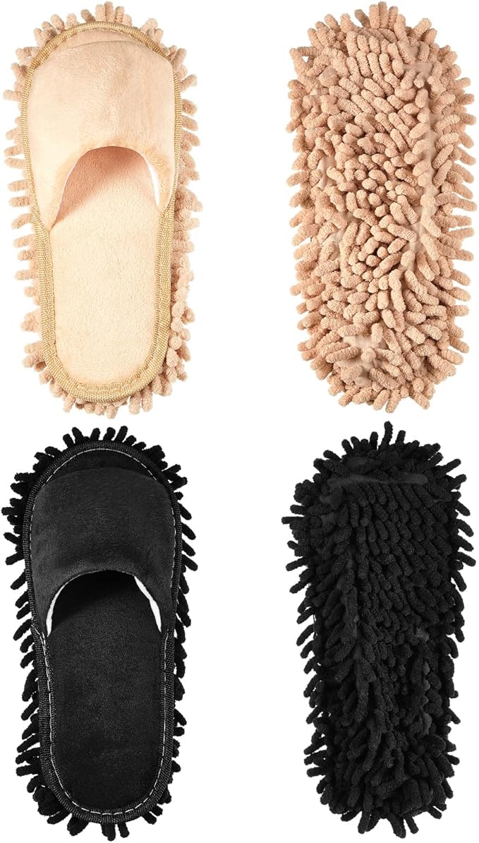 Jecery 2 Pairs Microfiber Cleaning Mop Slippers for Floor Cleaning House Mop Shoes Men and Women Washable Unisex Dusting Slippers Dirt Tool Supplies(Medium,Black, Beige)