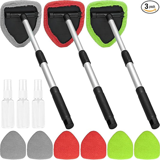 Beieverluck 3 Pieces Windshield Cleaning Tool Inside Car Window Cleaner Cleaning Tool with Extendable Handle, 9 Microfiber Pads and 3 Spray Bottles Car Auto Glass Wiper Kit