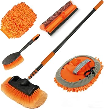 LAANPOLE 16FT Car Wash Brush with Long Handle, Car Cleaning Kit with Soft Bristle Wash Brush, Microfiber Cleaning Mop, W
