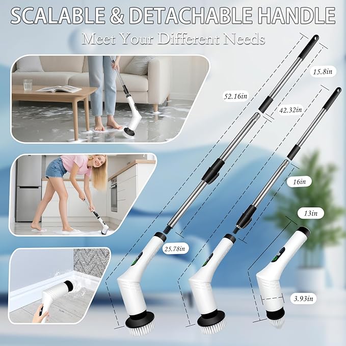 Spin Scrubber, 9-in-1 Multifunctional Electric Cleaning Brush with Detachable Handle, 9 Replaceable Brush Heads & LCD Display, Rechargeable for Bedroom, Bathroom, Kitchen, Car