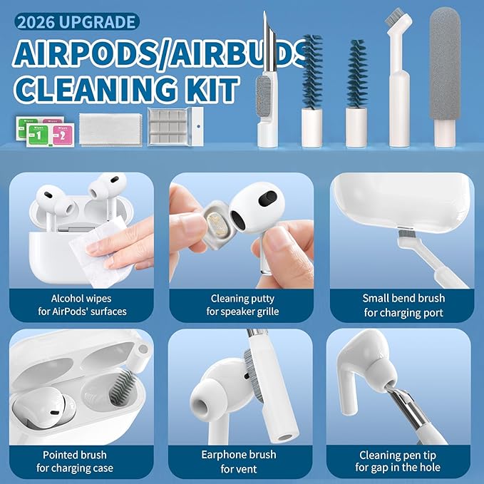 2026 Upgrade Phone Cleaning Kit 57PCS, iPhone Cleaning Kit, Airbud Cleaning Kit for AirPods, Keyboard Cleaning Kit, Charging Port Cleaner for Apple Lightning/Android USB-C (White, with 10 Mini Brush)