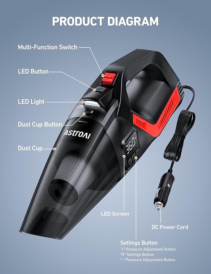 AstroAI 4-in-1 V3 Portable Handheld Car Vacuum Cleaner & Tire Inflator, 150 PSI Portable Air Compressor with Digital Dual Values Display, LED Light, 12V DC, 16.4FT Cord for Cars, Bikes, SUVs