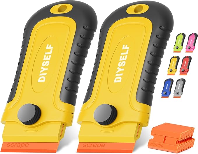 DIYSELF 2 Pcs Plastic Razor Blade Scraper with 10 Pcs Blades, Plastic Scraper Tool for Adhesive Remover, Scrapers for Cleaning Stickers, Decals, Glass, Windows, Car, No Scratches (Yellow)