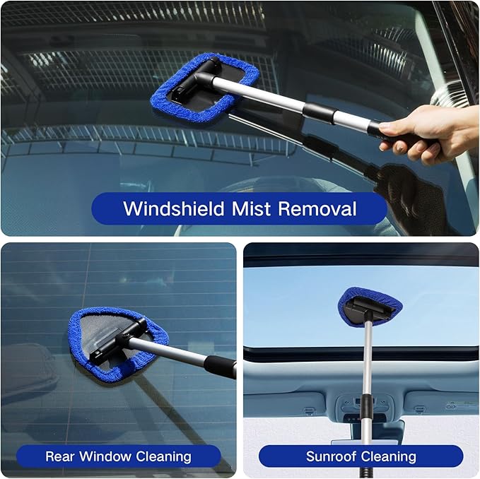 Qydipclin 10pcs Windshield Cleaner Tool, Car Window Cleaning Wash Kit with 4 Reusable Microfiber Pads 1 Spray Bottle and Extendable Handle Auto Glass Wiper Kit, Blue