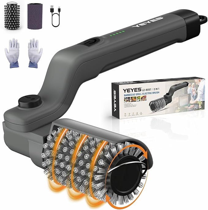 YEYES Electric Grill Brush for Outdoor Grill - Cordless Rechargeable BBQ Cleaner with 7-Angle Adjustable Head, 2600mAh Power Rotary Grill Cleaning Brush for Gas Charcoal Grates (Gray)