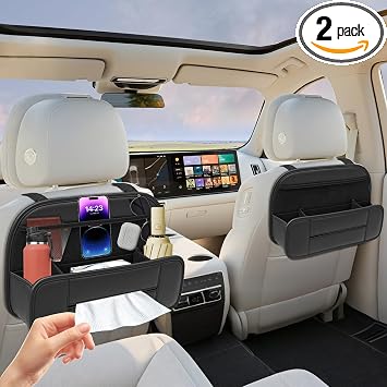 FLORICH Hanging Car Backseat Organizer, 5-in-1 Premium Leather Headrest Seat Back Storage with Cup Holder, Foldable Hang