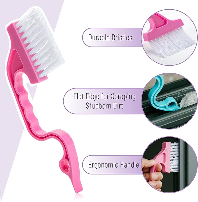Slick- Window Track Cleaning Brush, 2 Pack, Blue/Pink Ergonomic Handle, Built-in Scraper, Multipurpose, Window Track Cleaning Tools