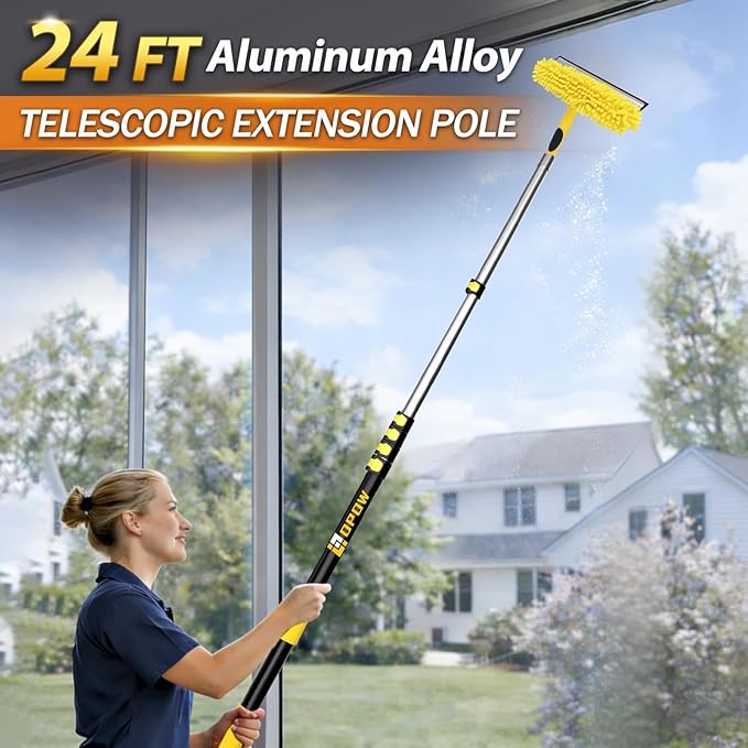 30FT High Reach Window Squeegee with Extension Pole, 2 in 1 Window Washing Kit with 6-Stage Telescopic Pole & Rotatable Head, No-Ladder Window Cleaner for High Window, Solar Panel, RV & Outdoor Glass
