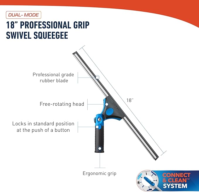 Unger 18-inch Professional Grip Swivel Squeegee – Professional Grade Window Squeegee for the Home, Large Squeegee for Glass Window Cleaning