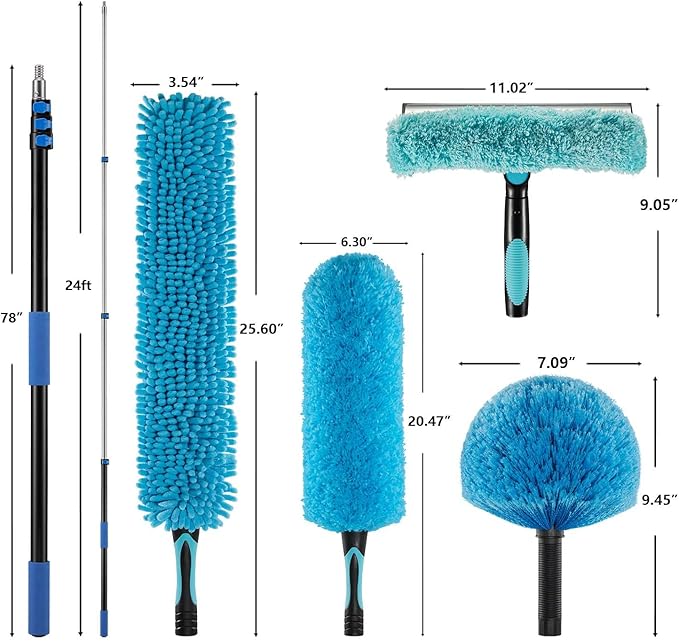 30 Foot Fan Cleaner High Ceiling 2 Cobweb Dusters with Heavy Duty Extension Pole, Window Squeegee Kit, Household Cleaning Gloves(24ft)