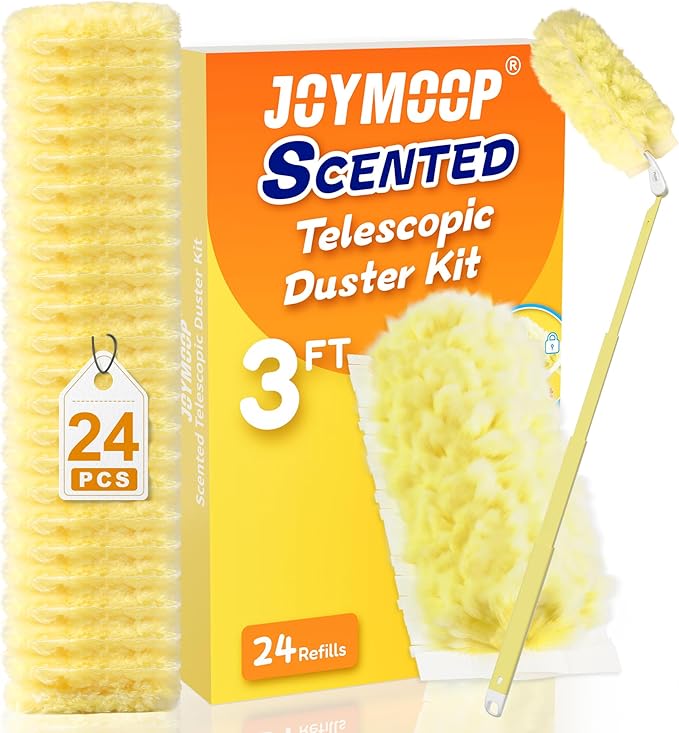 JOYMOOP Scented Telescopic Duster kit, 3FT Extendable Handle (Yellow) + 24 Yellow Refills for Swiffer Feather Duster,Easy Cleaning for Ceilings, Ceiling Fans, Blinds, Vents & Shelves
