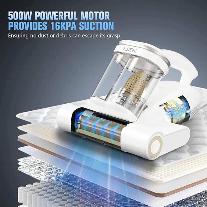 Bed Vacuum Cleaner Mattress Vacuum Cleaner,16Kpa Powerful Handheld Vacuums with UV-C Light & Double Dust Cup & High Heating & Ultrasonic & HEPA Filter for Bed Sofa(Corded,Paper White)
