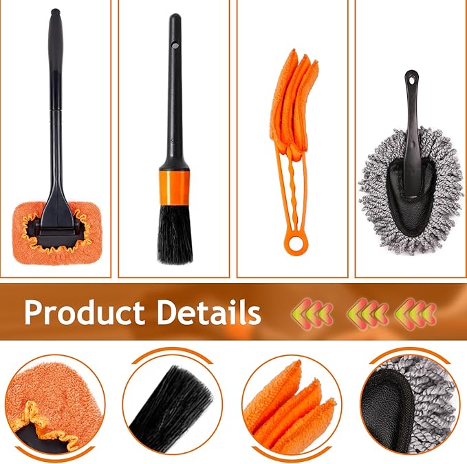 THINKWORK Windshield Cleaner Tool, Car Detailing Kit Interior, Car Cleaning Kit Interior and Exterior Detail Brush, Auto Supplies & Accessories for Men Women
