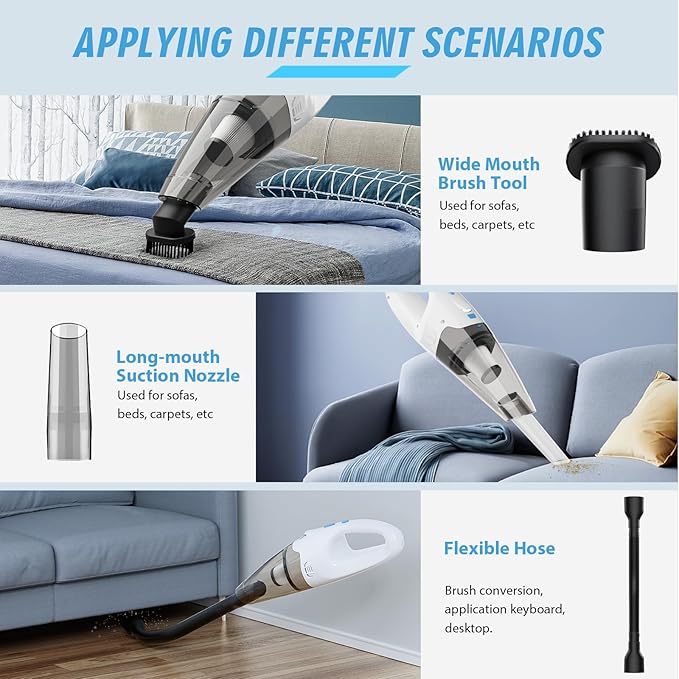 FUOAYOC Handheld Vacuum Cordless, 6KPA Powerful Suction Hand Held Vacuum Cordless Rechargeable with LED Light/Multi Accessories, 1.6lbs Mini Lightweight Vacuum Cleaner for Home/Car/Office Cleaning