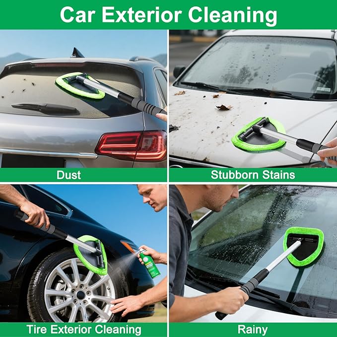 XINDELL Windshield Cleaner Tool – Car Interior Window Cleaning Kit with Extendable Handle & 4 Microfiber Pads, Auto Wiper Inside Windshield Brush for Car & Home Windows