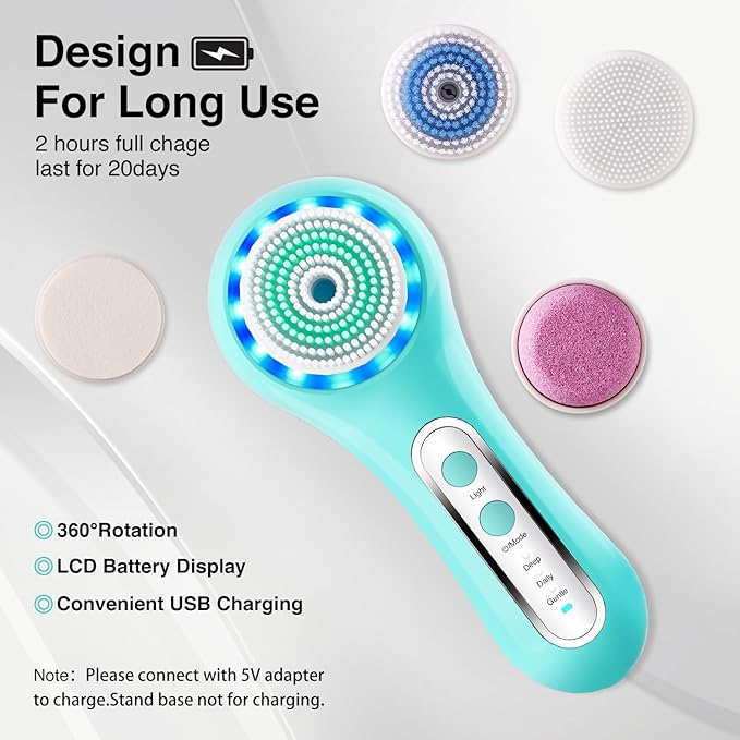 UMICKOO Electric Facial Cleansing Brush, 2-Way Rotating Face Scrubber for Daily & Deep Cleaning, 3 Modes, 5 Brush Heads, Rechargeable, IPX7 Waterproof for All Skin Types