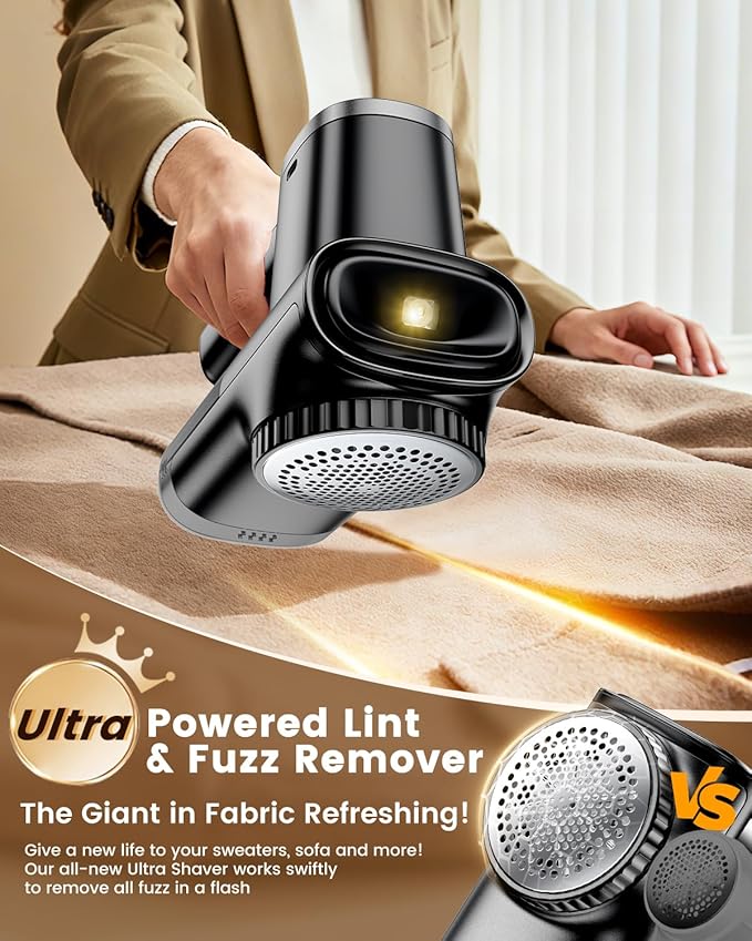 Home Large Lint Remover Fabric Shaver - Rechargeable with LED Display, 3D 6-Blade, 180min Runtime, Large Transparent Bin, Zero Damage for Clothes/Sofa/Bedding