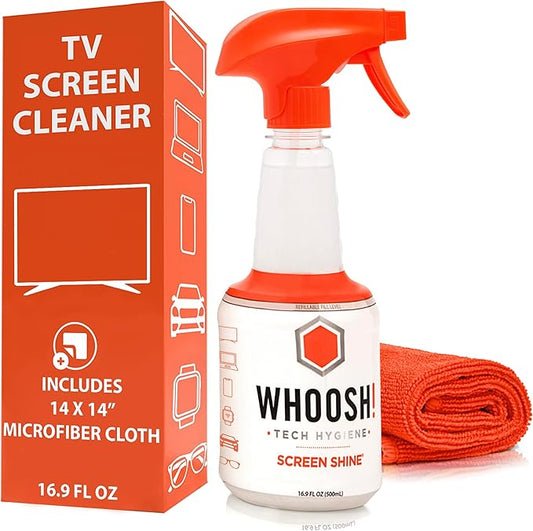 WHOOSH! Pro 16.9 fl oz Refillable TV Screen Cleaner & Microfiber Cloth - Streak-Free Cleaner for Flat Screens, OLED, LCD, Smart TV, Monitors - Non-Toxic, Odorless - Electronics Cleaning Kit