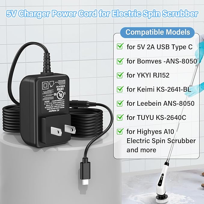 5V USB C Electric Spin Scrubber Charger Replacement Fit for YKYI, for Bomves Cordless Cleaning Brush, Power Cord AC Adapter for Keimi, for Leebein, for Highyes, for TUYU Power Shower Cleaner Scrubber