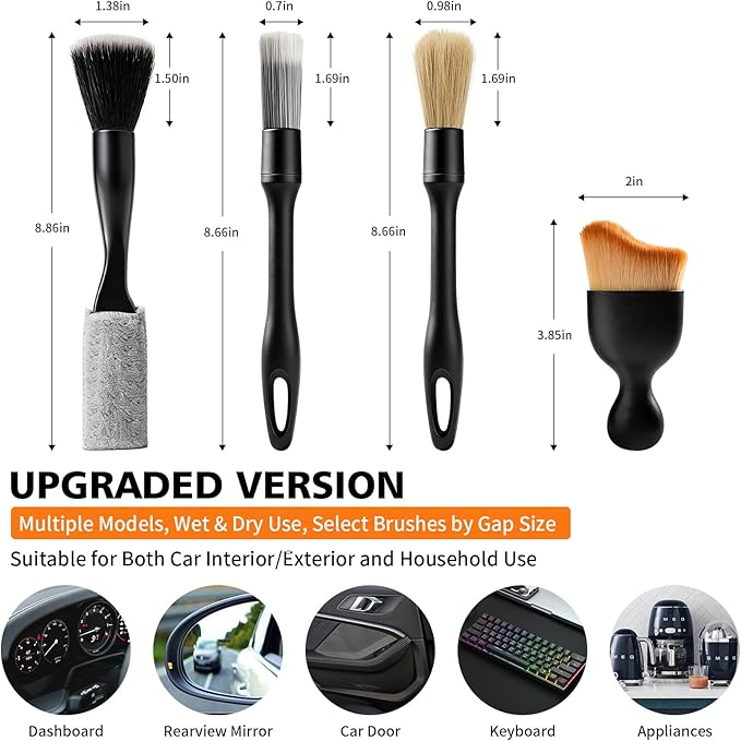 8PCS Car Detailing Brush Set, Car Interior and Exterior Soft Bristle Cleaning Brushes, Includes 4 Different Brushes, Multi-use for Auto Detailing, Dashboard, Vents, Wheels and Tires