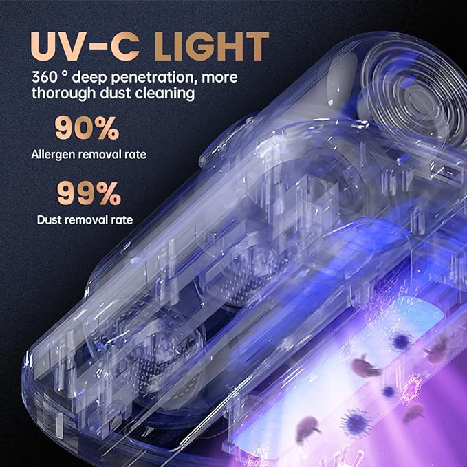 PATO Mattress Vacuum Cleaner, Wireless Handheld Bed Vacuum Cleaner with UV-C Light, HEPA Filter and Ultrasonic Vibration, 12KPa, Suitable for Beds, Sofas, Car Seats, Carpets (Golden)