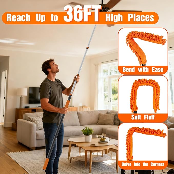 SISUPASSIE 36FT Reach High Ceiling Duster Kit, Window Cleaning kit with 7-30FT Extension Pole, Fan Duster for Ceiling Fan Blades, Microfiber Feather Duster, Rotatable Window Squeegee and Cobweb Duster