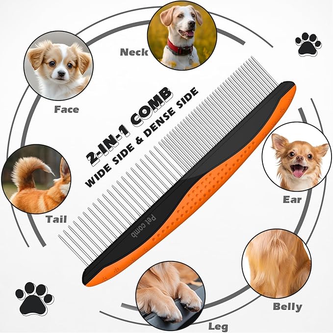 3PCS Pet Grooming Rake & Metal Comb & Flea Comb for Cats and Dogs, Double-Sided Dematting Tool, Extra-Wide Deshedding Dog Brush for Long Hair to Effectively Remove Tangles, Knots and Mats (Orange)