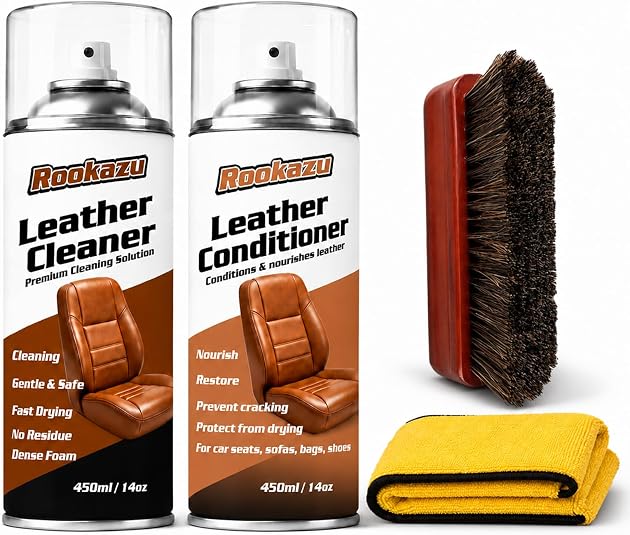 Leather Cleaner and Conditioner Kit,2 x 14 oz Car Leather Care Set with Horsehair Cleaning Brush, Deep Cleans, Condition