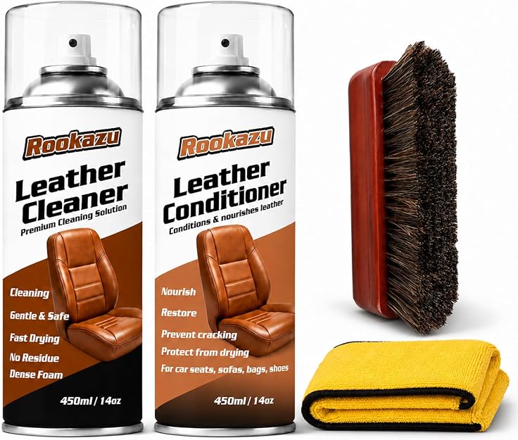 Leather Cleaner and Conditioner Kit,2 x 14 oz Car Leather Care Set with Horsehair Cleaning Brush, Deep Cleans, Condition