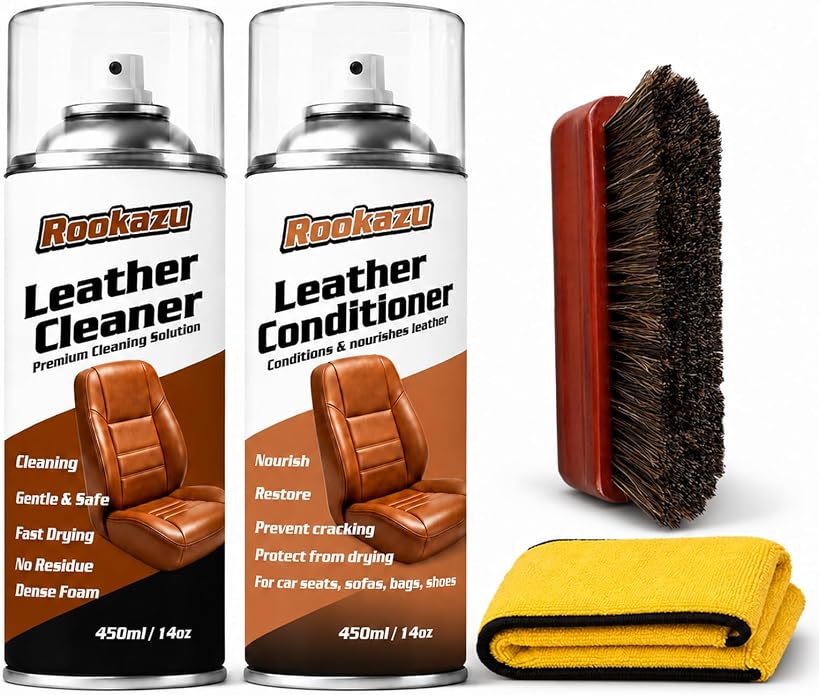 Leather Cleaner and Conditioner Kit,2 x 14 oz Car Leather Care Set with Horsehair Cleaning Brush, Deep Cleans, Condition