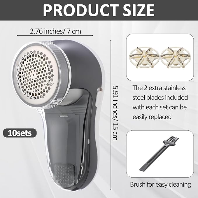 10 Pack Fabric Shaver and Lint Remover,Sweater Defuzzer with 20 Replaceable Blades,Fuzz Remover Furniture Sweater Shavers to Remove Pilling, Battery Operated, Gray