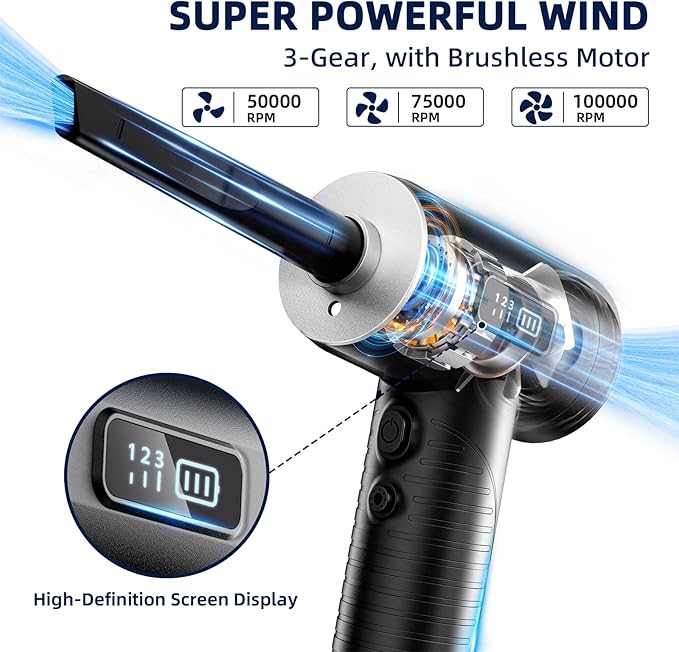 Compressed Air Duster, 100000RPM Super Power Electric Air Duster with LED Light, 3-Gear Adjustable Rechargeable Cordless Air Blower for Keyboard Car House Electric Devices Cleaning Outdoor