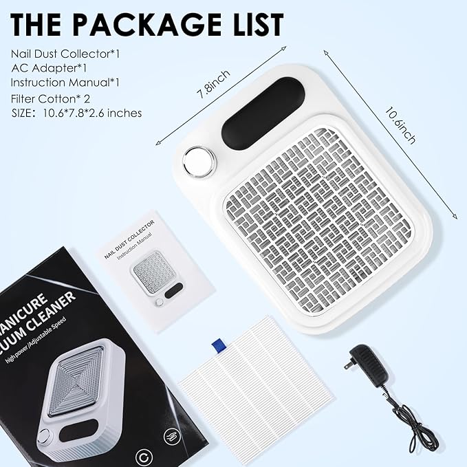Nail Dust Collector with Reusable Filter for Acrylic Gel Nails, Vacuum Fan Dust Collector for Beginner, Adjustable Nail Vacuum Suction Fan for Manicure Pedicure at Salon or Home