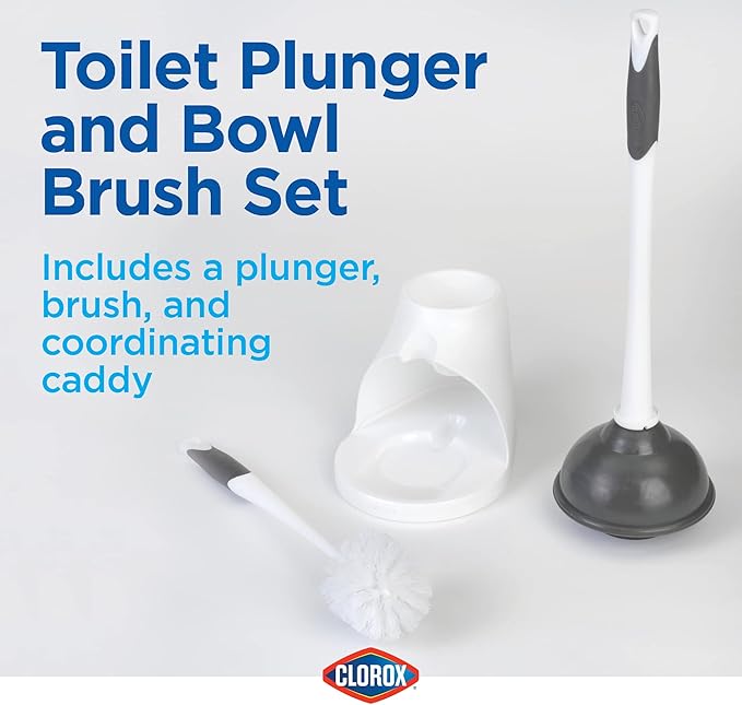 Clorox Toilet Plunger and Brush Bowl Set with Holder Caddy Storage for Cleaning Bathroom and Unclogging Toilets, White & Gray (Pack of 12)