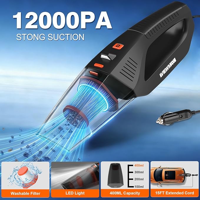Car Cleaning Kit 19Pcs, Car Interior Detailing Kit with 12000PA High Power Handheld 12V Corded Vacuum, Detailing Brush Set, Cleaning Gel, Complete Car Vacuum Cleaner with Storage Bag for Men & Women