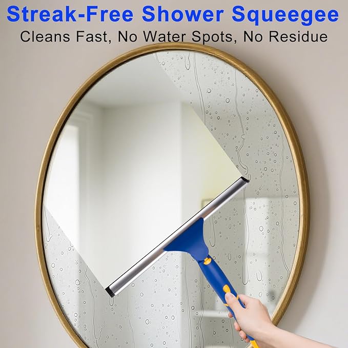 Swivel Shower Squeegee for Glass Doors, All-Purpose Anti-Slip Window Squeegee with 2 Blades, Window Cleaner Tool Bathroom Squeegee for Shower Doors, Tile Shower Walls，Mirrors,Car Windshields