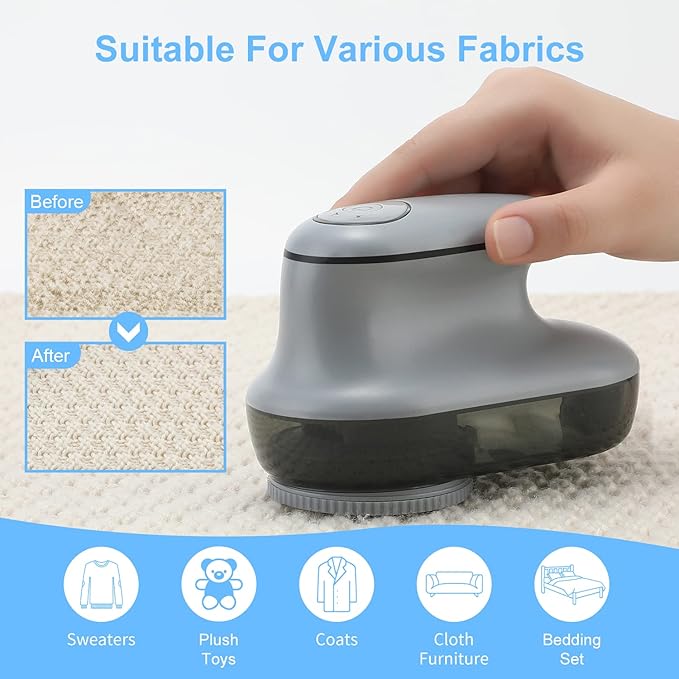 Rechargeable Fabric Shaver with 6-Leaf Blades, JUEYINGBAILI Electric Lint Remover, Upgrade Pill Fuzz Remover for Couch, Clothes, Furniture, Sweater, Lint Shaver with 6-Leaf Blades, Gray
