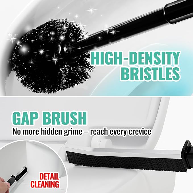 3 in 1 Toilet Brush and Plunger Set with Crevice Cleaning Brush, Toilet Plunger and Brush Set with Extra Long Handle, Plungers for Bathroom Accessories, Toilet Plunger with Holder, Black