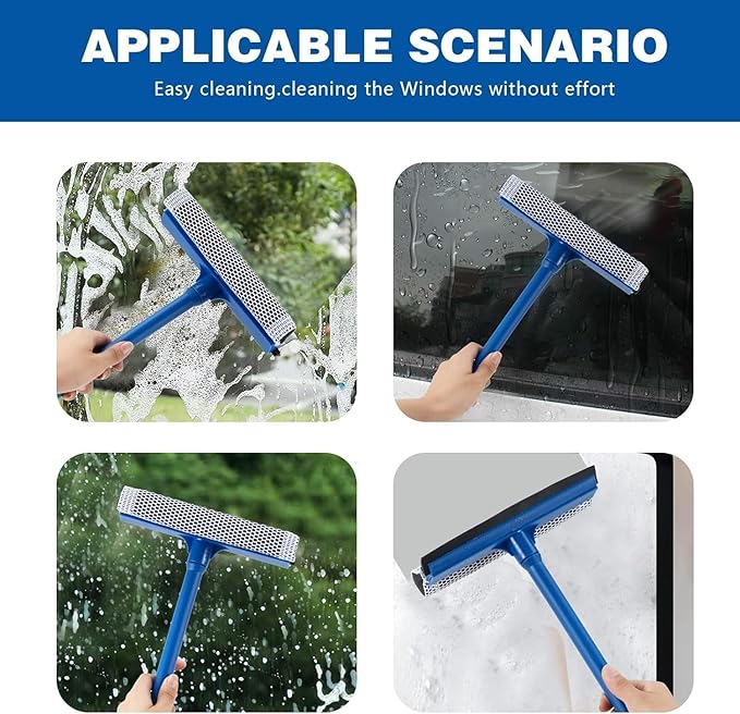 Professional 2-in-1 Window Squeegee, Equipped with a 15.9-Inch Plastic Handle, Soft Rubber Blade and Highly Absorbent Sponge, Ideal for Cleaning Glass,Shower Enclosures and High Outdoor Windows.
