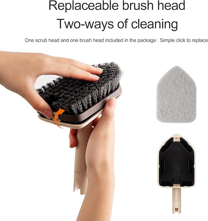Eyliden Shower Scrubber with Long Handle, Tub and Floor Scrub Brush for Bathroom, Tile, Bathtub, Grout, Sink, 2 Type Cleaning Heads - 1 Stiff Bristle & 2 Non-Scratch Pads, 180° Swivel Head