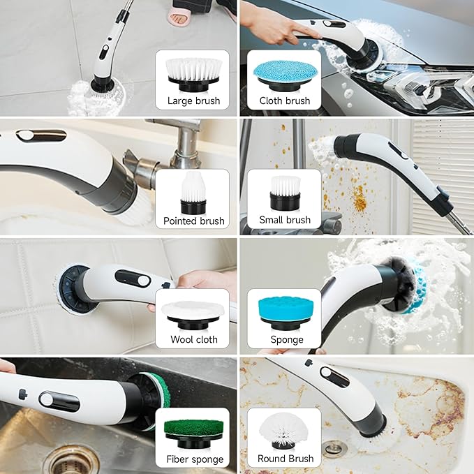 Cordless Electric Spin Scrubber with 8 Brush Heads Power Handheld Scrubber Cleaning & Shower with Adjustable Handle, IPX7 Waterproof for Shower Tile Grout Tub Tile Floor Bathroom Cleaning