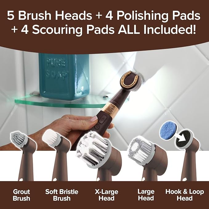 Horsepower Pocket Pony GOLD Edition Oscillating Power Scrubber w/Longer RunTime, Waterproof, Cordless/Rechargeable, Pocket-Sized, Deep Clean Tight Spaces, Grout Lines, Corners, 5 Heads & LED